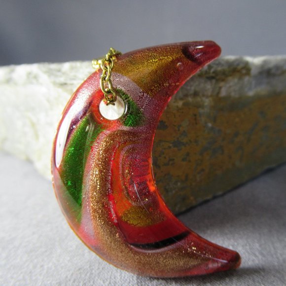 Crescent Moon Pendant, Hand Poured Art Glass Necklace - Picture 2 of 6